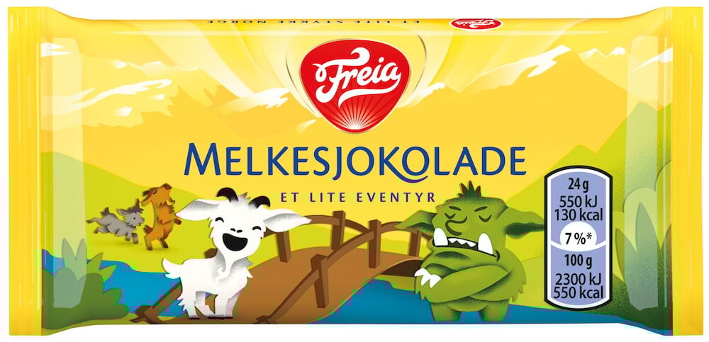 Gul sjokoladekake med tegnet geit og troll.