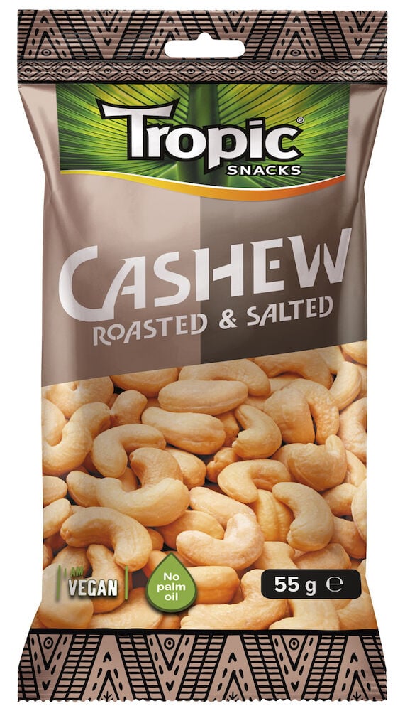 Påse med rostade och saltade cashewnötter Tropic Snacks.