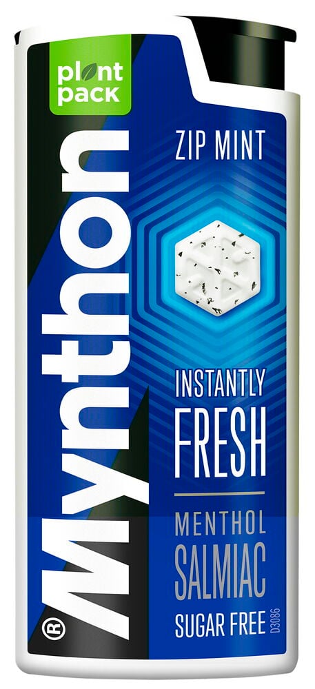 Sininen muovirasia, jossa on valkoisia kurkkupastilleja ja teksti.