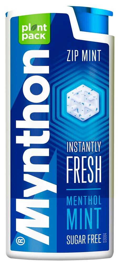 Sininen Mynthon-rasia zip mint -etiketillä.