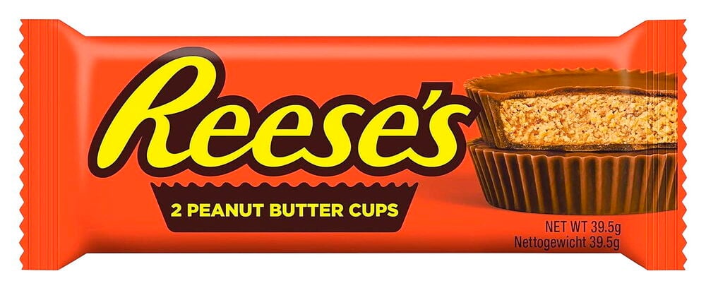 Sjokolade Reese's 39,5 g Peanut Butter Cups i oransje innpakning, en kopp viser fyllingen.