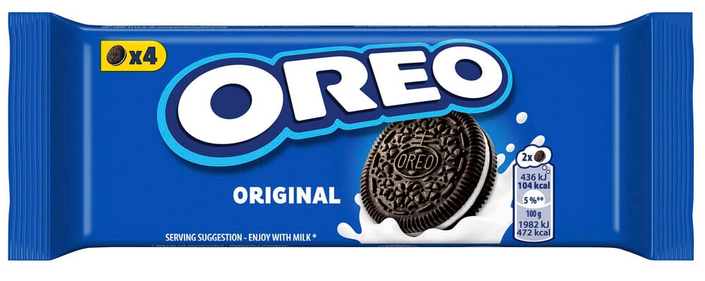 Blå Kjeks Oreo Original 44 g pakke som viser 'x4' og en kjeks i melk.