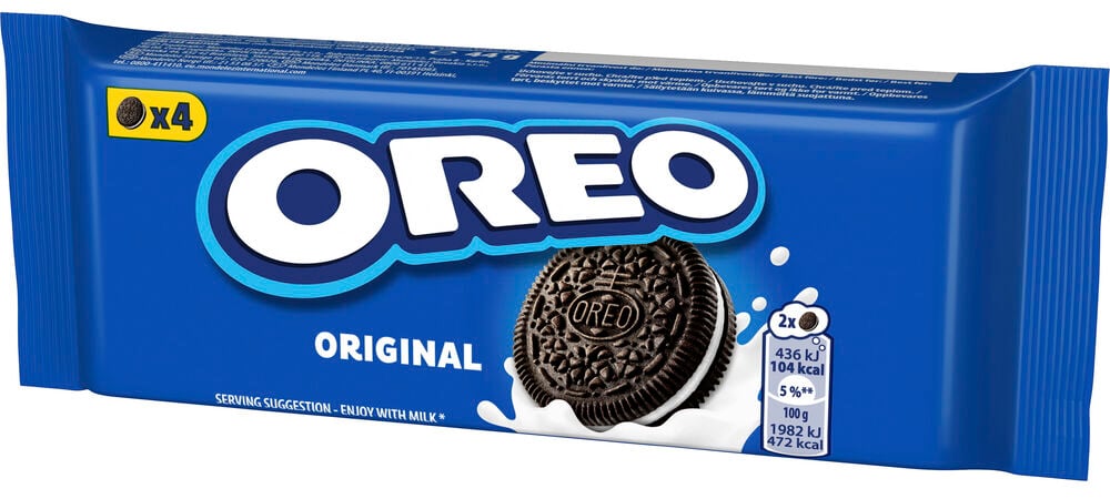 En blå pakke Kjeks Oreo 44 g Original, med en Oreo-kjeks og melkesprut.