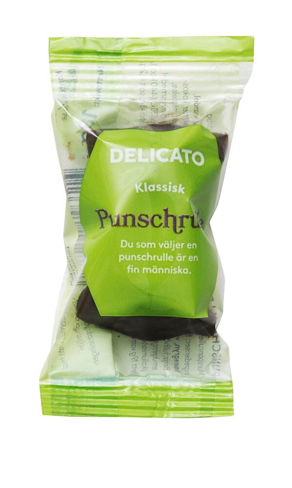 Kondisbitar Delicato Punschrulle 18 g i genomskinlig plastförpackning med grön etikett.