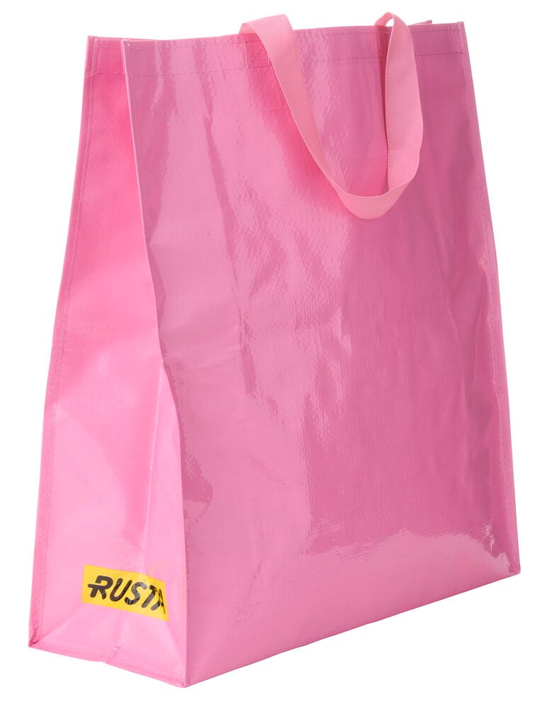 Rosa Einkaufstasche Large Sommer mit gewebter Textur und gelbem RUSTA-Etikett, Vorderseitenansicht.