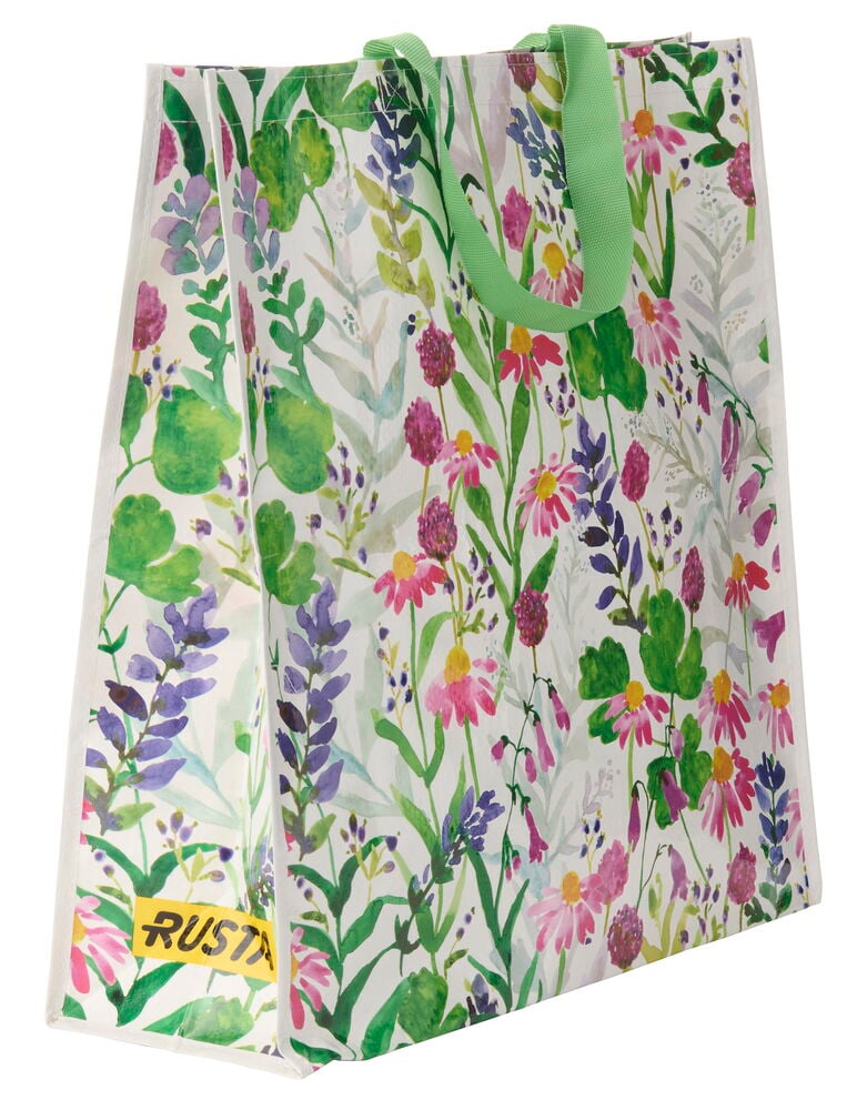 Einkaufstasche Large Sommer mit grünen Griffen, weißer Basis und einem Aquarell-Blumenmuster.