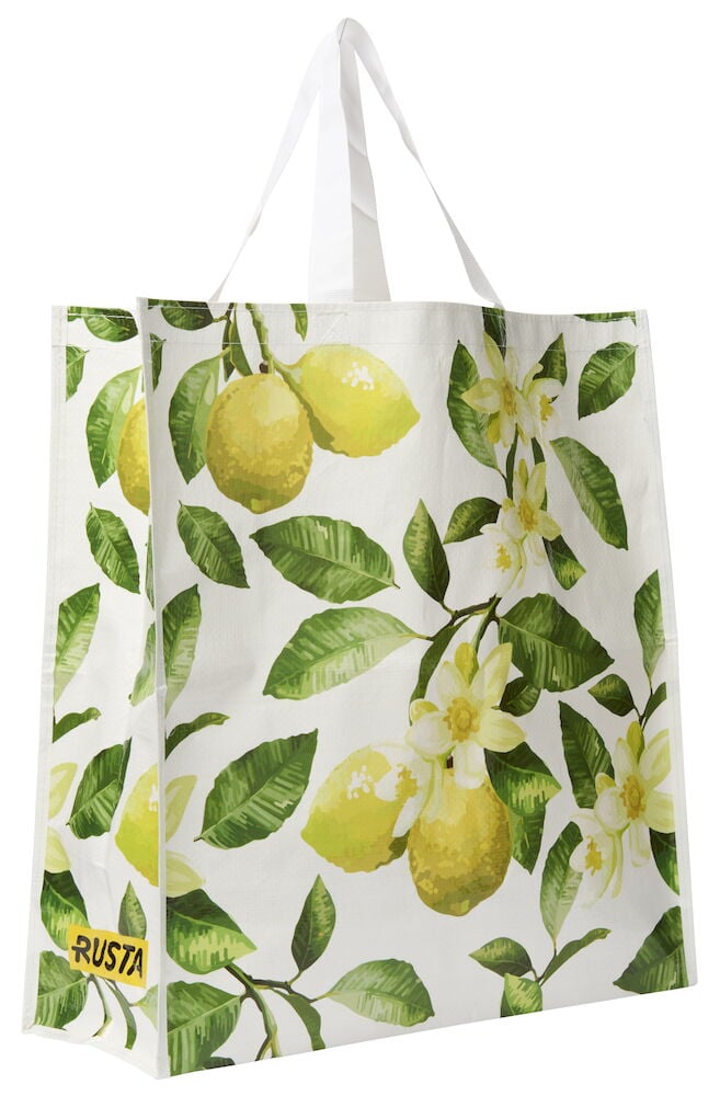 Valkoinen Ostoskassi Large Kesä, jossa on vihreitä sitruunanlehtiä, keltaisia sitruunoita ja valkoisia kukkia.