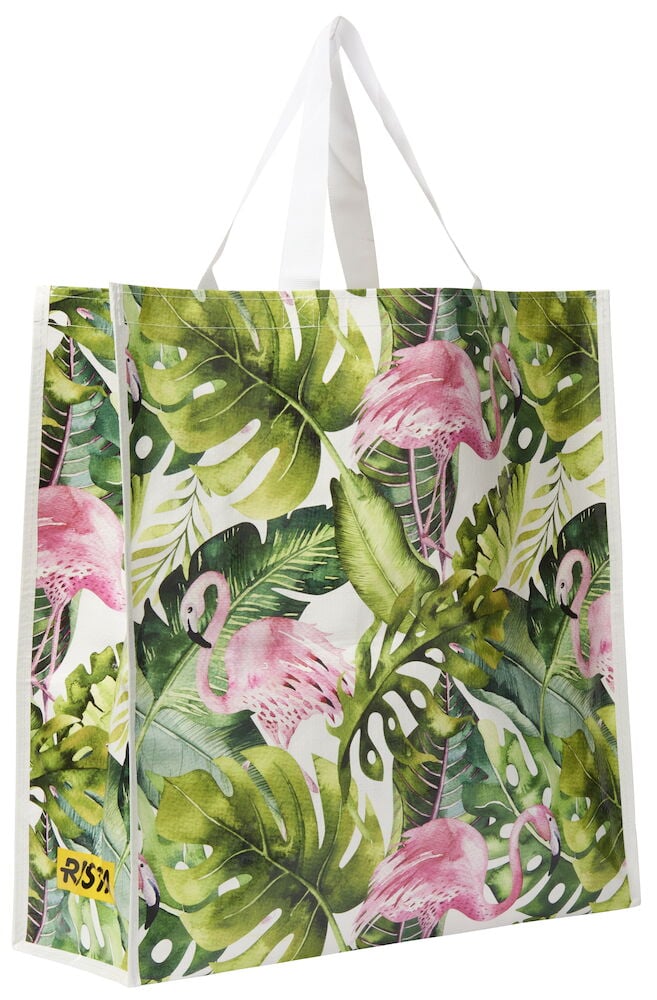 Ostoskassi Large Kesä, jossa on vaaleanpunaisia flamingoja ja vihreitä trooppisia lehtiä valkoisella pohjalla, valkoiset kahvat.