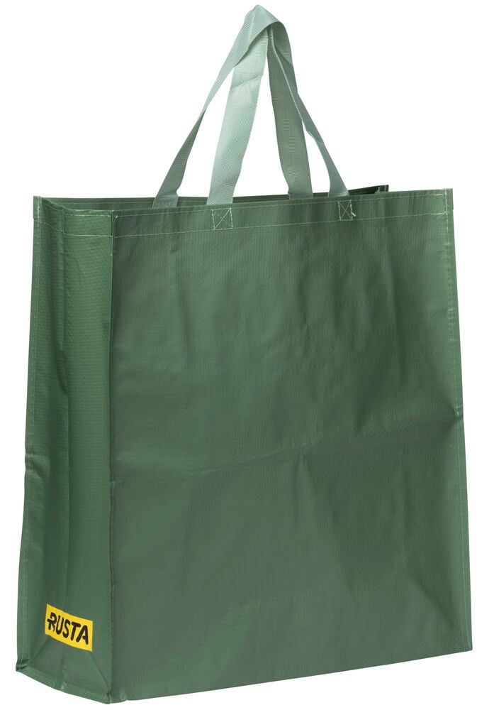 Iso oliivinvihreä Ostoskassi Large Kesä kudotusta materiaalista vaaleanvihreillä kahvoilla ja RUSTA-logolla.