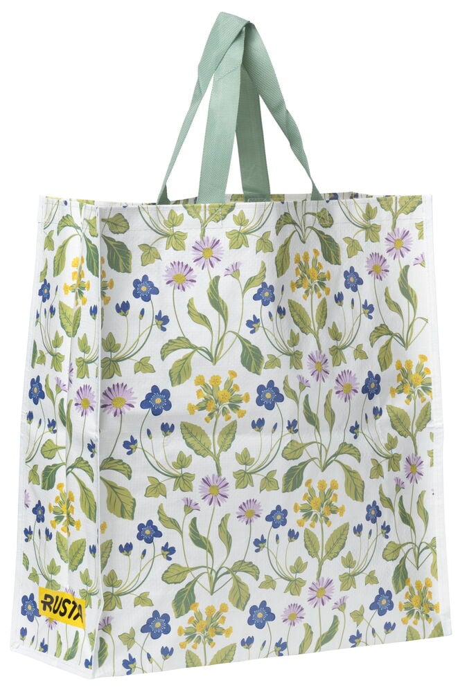 Valkoinen uudelleenkäytettävä Ostoskassi Large Kesä värikkäällä kukkakuviolla ja vihreillä kahvoilla.