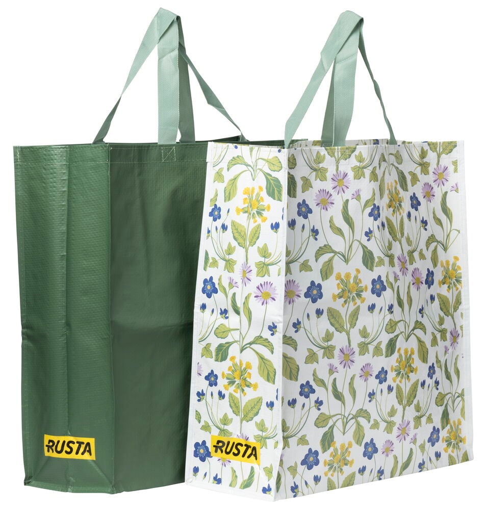 Kukallinen Ostoskassi Large Kesä vihreillä kahvoilla ja yksivärinen vihreä ostoskassi.