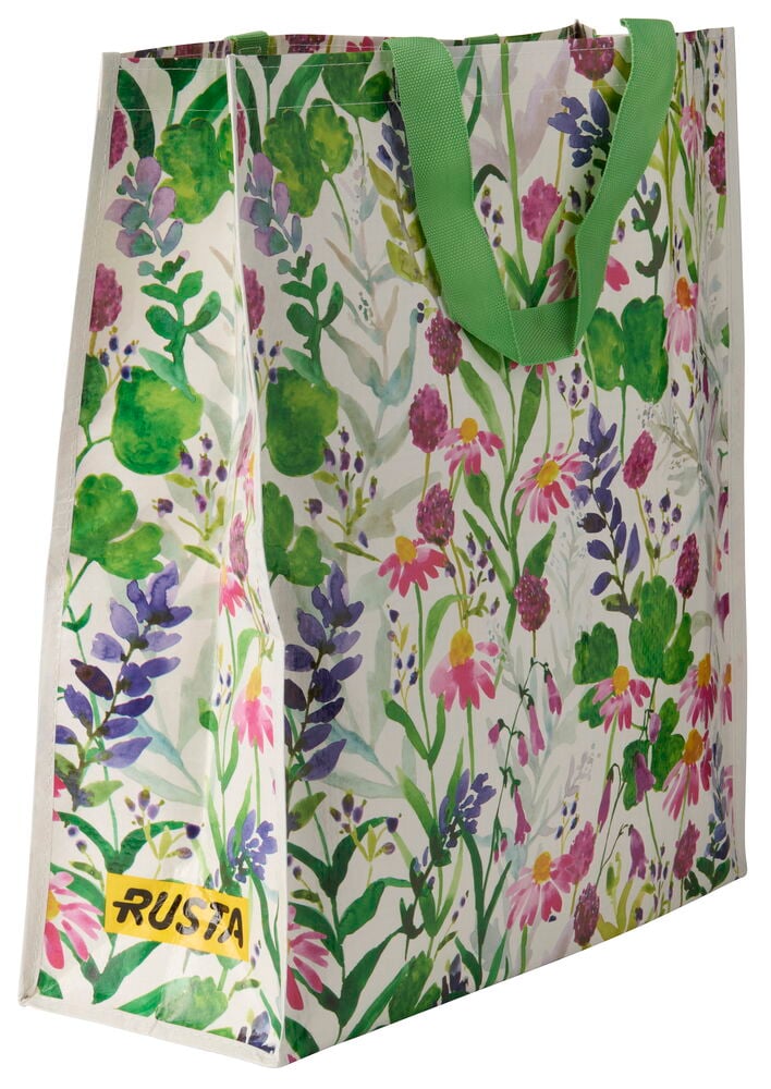 Ostoskassi Large Kesä valkoisella taustalla ja akvarellikukilla, vihreillä kahvoilla.