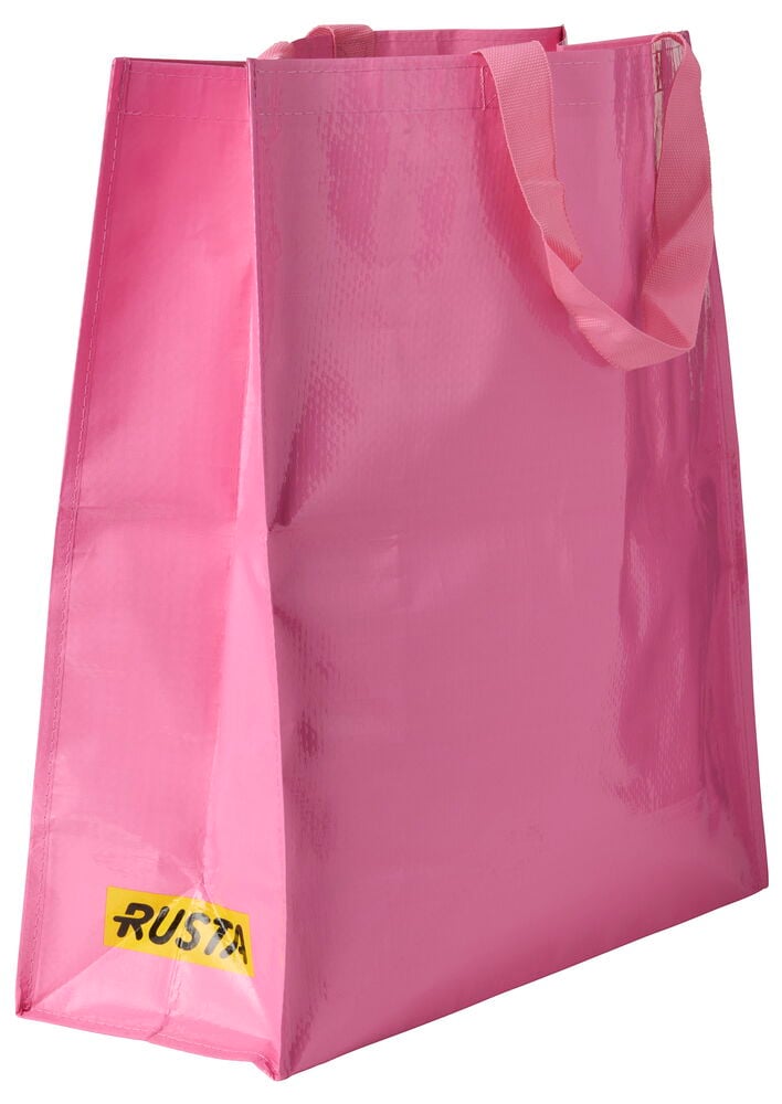 Pinkki Ostoskassi Large Kesä kudotusta materiaalista, vastaavat kahvat ja keltainen Rusta-logo.