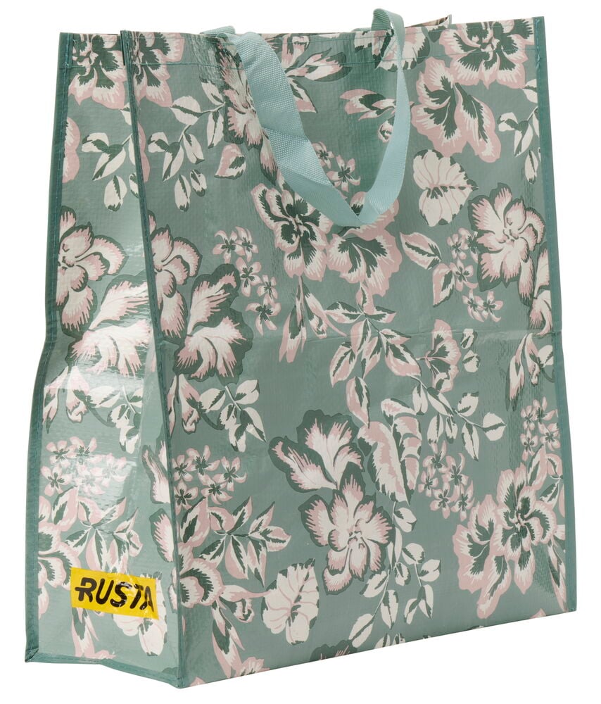 Ostoskassi Large Kesä vihreällä kukkakuviolla, pinkeillä ja valkoisilla kukilla, vaaleansinisillä kahvoilla.