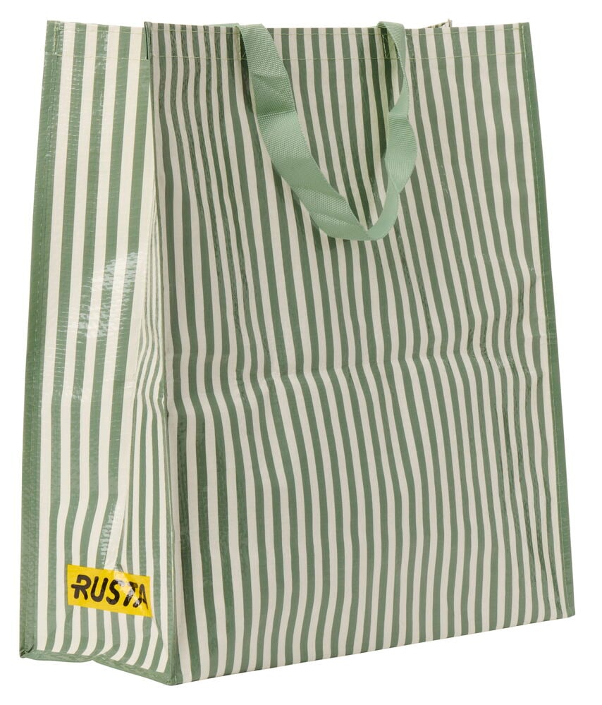 Ostoskassi Large Kesä, vihreä-valkoraidallinen kudottu kassi vihreillä kangaskahvoilla ja keltaisella Rusta-etiketillä.