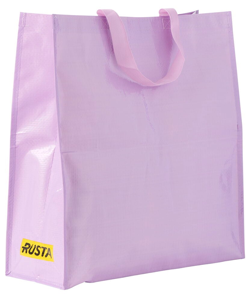 En lilla Handlepose Large Spring med rosa håndtak og gul RUSTA-logo, forfra.