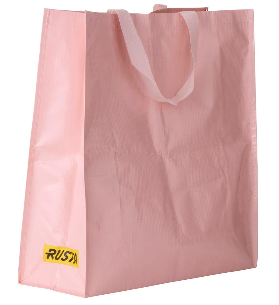 En teksturert rosa Handlepose Large Spring med rosa håndtak og gul Rusta-logo.