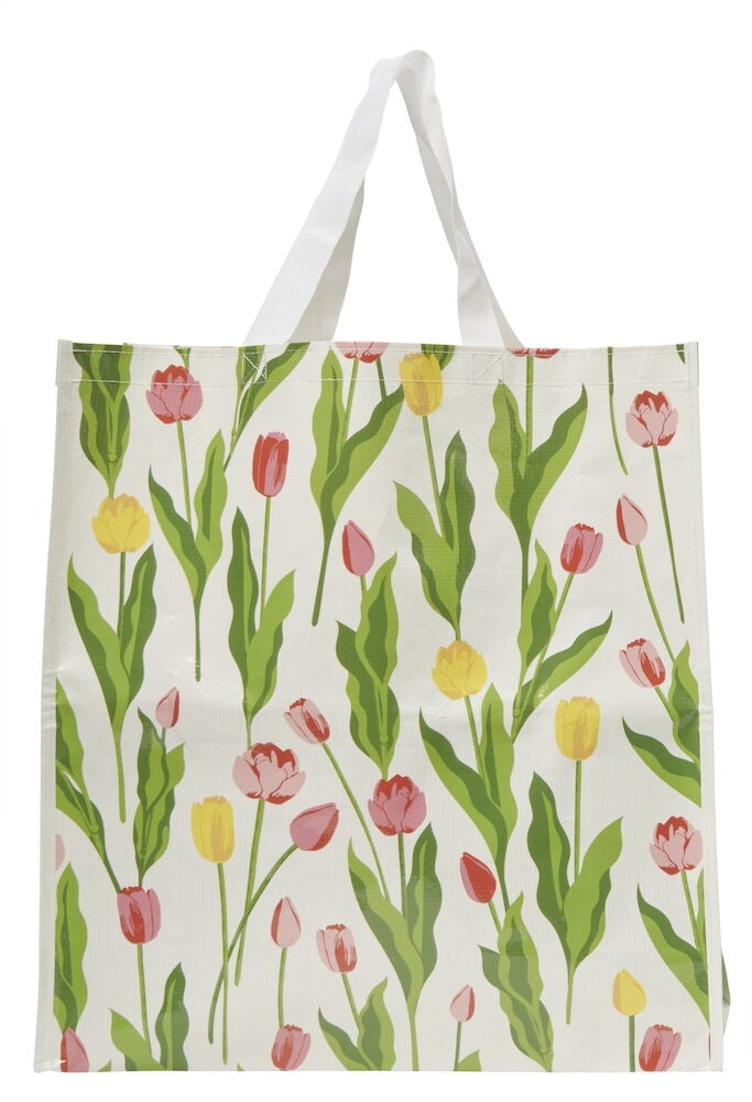 Handlepose Large Spring med hvit bakgrunn og rødt, rosa og gult tulipanmønster, med hvite håndtak.