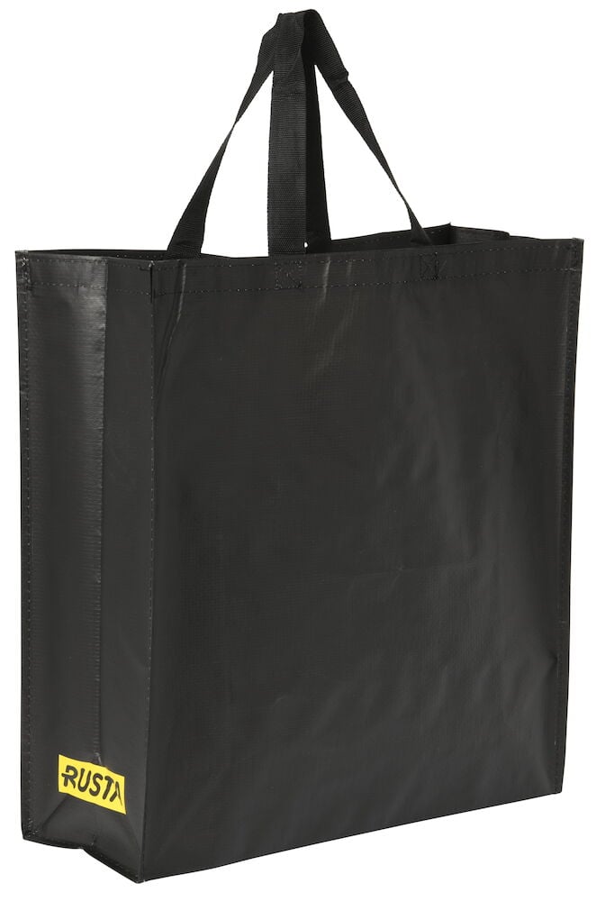 Stor svart shoppingkasse med handtag och gult märke.