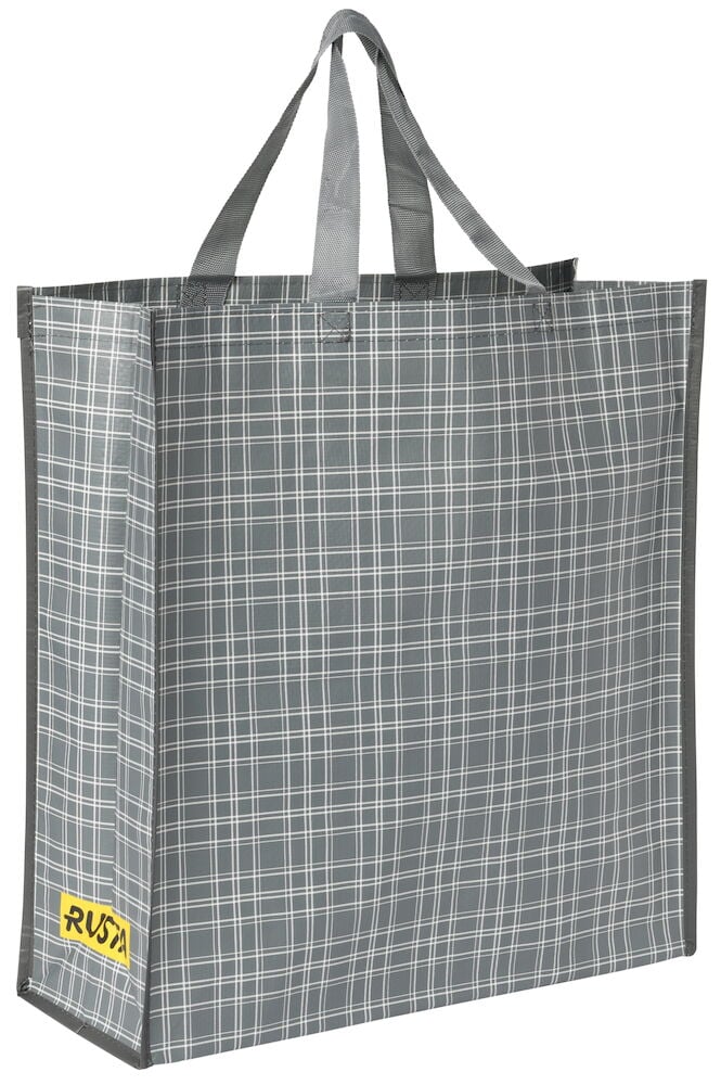 Stor grå shoppingkasse i nylon med rutmönster.