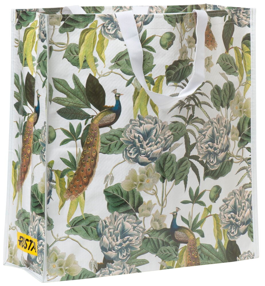 Stor shoppingkasse med blom- och påfågelsmönster.