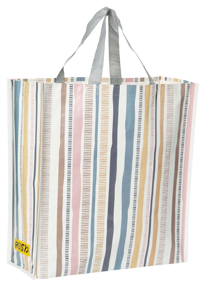 Stor shoppingkasse med färgglada ränder och textilhandtag.