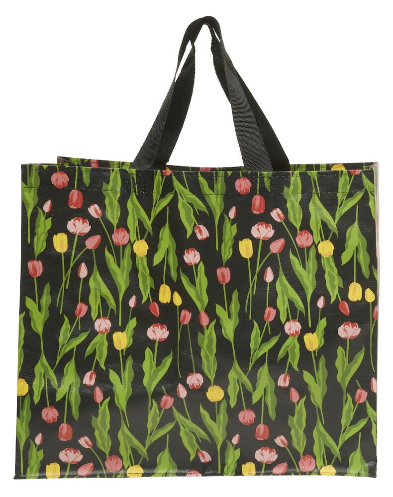 Ostoskassi Medium Kevät, musta punaisella, vaaleanpunaisella ja keltaisella tulppaanikuviolla, mustilla kahvoilla.