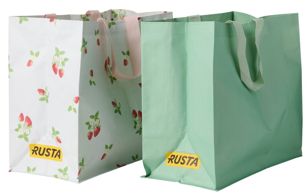 Zwei wiederverwendbare Einkaufstasche Medium Sommer, eine weiße mit Erdbeermuster, eine einfarbig hellgrüne.