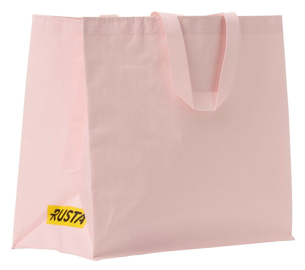 Hellrosa Einkaufstasche mit kurzen Henkeln und Logo.