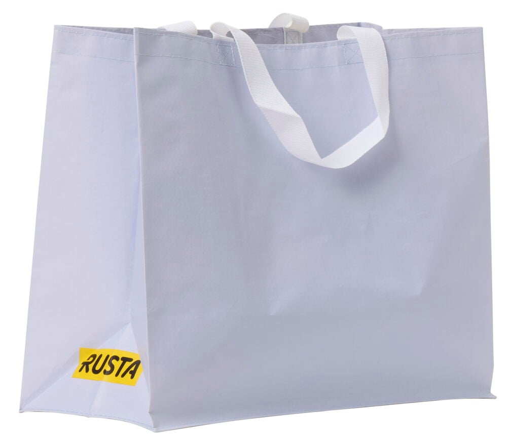 Weiße Einkaufstasche mit Griffen und gelbem Rusta-Logo.