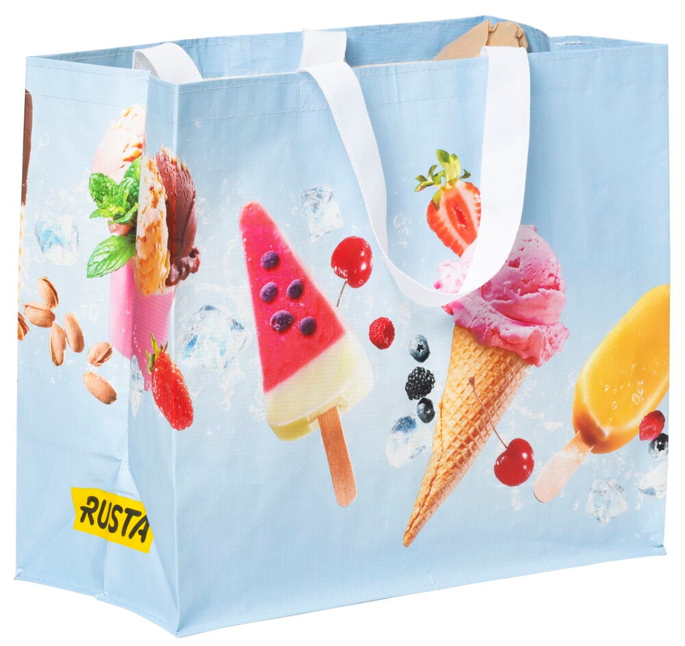 Blaue Einkaufstasche mit Eismotiv und weißen Henkeln.