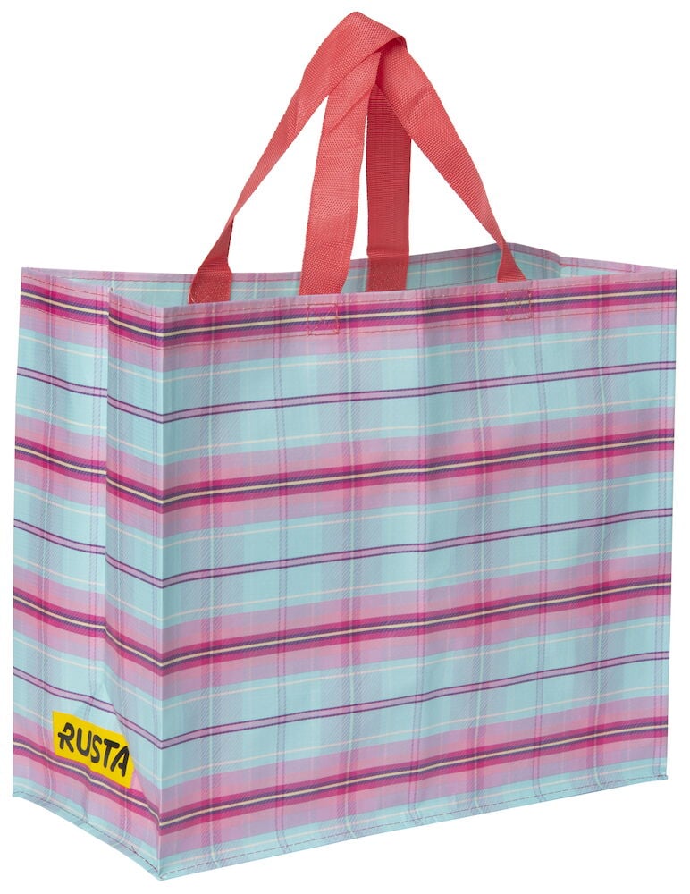 Shoppingkasse med rutigt mönster och röda handtag.