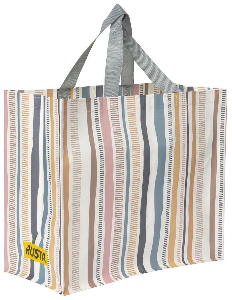 Randig shoppingkasse med textilhandtag i flera färger.