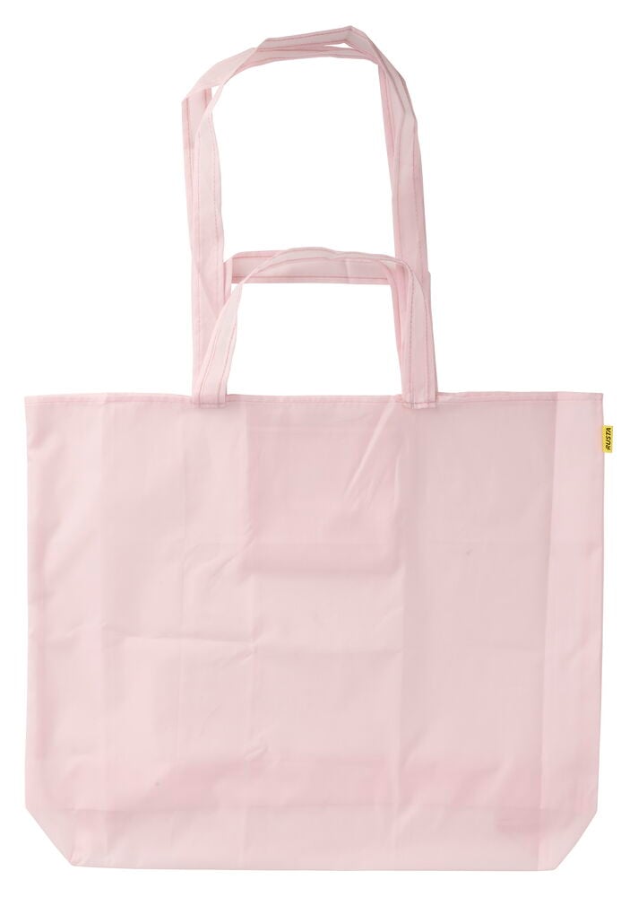 Edestäpäin näkymä vaaleanpunaisesta taitettavasta ostoskassista 57x35x6 cm kahdella kahvalla.
