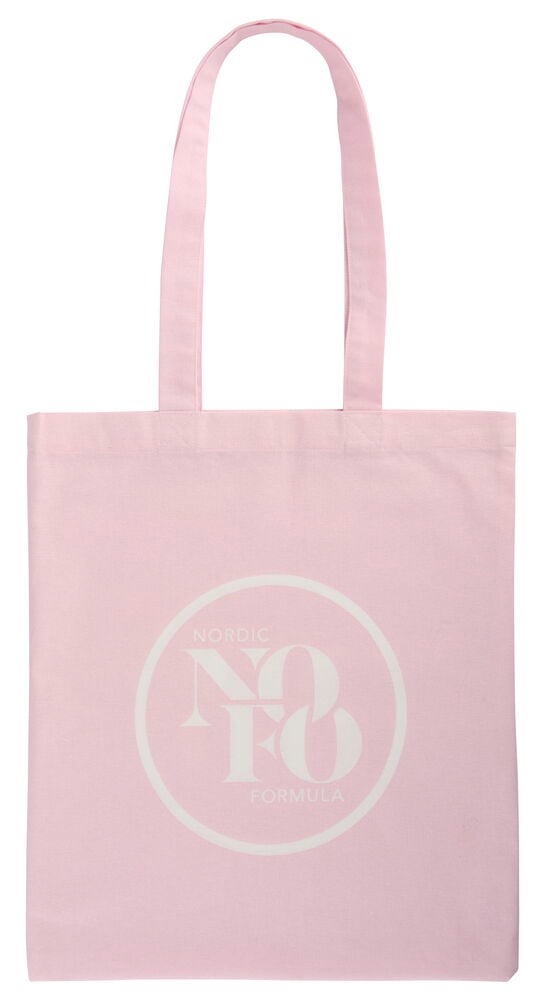 Vaaleanpunainen puuvillakassi NoFo, jossa valkoinen Nordic NoFo Formula -logo edessä.