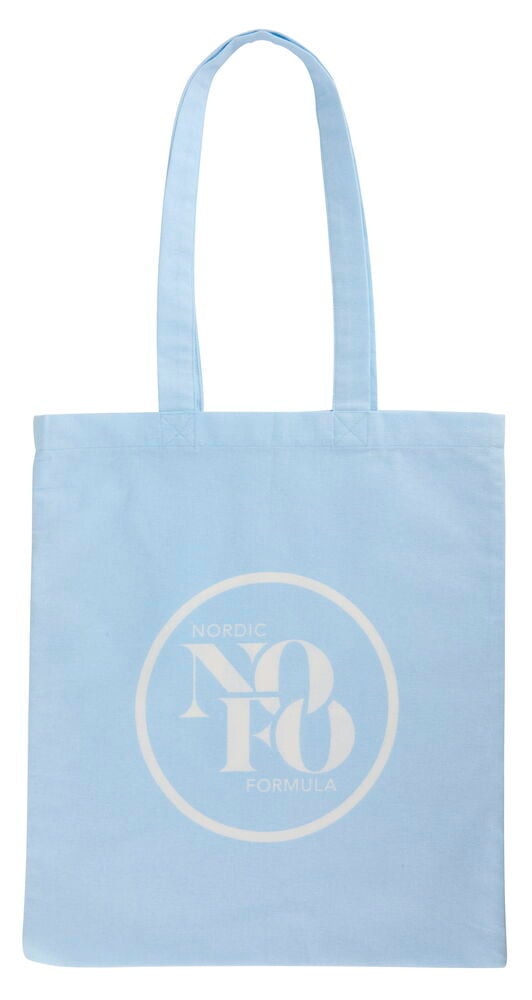 Vaaleansininen 100% puuvilla Kassi NoFo, jossa valkoinen pyöreä logo ja kaksi kahvaa.