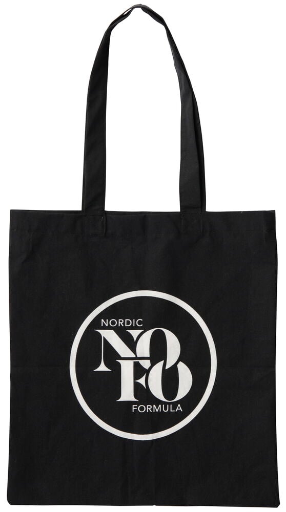 Svart tygväska med vita handtag och tryck.