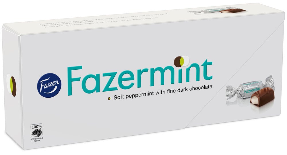 Vit avlång ask Fazermint mintchokladpraliner.