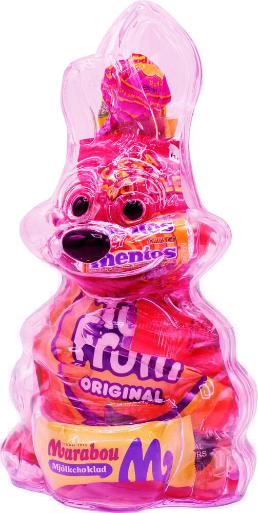 Påskhare Hultén 256 g, en rosa plastkaninbehållare fylld med Mentos, Marabou och andra godisar.