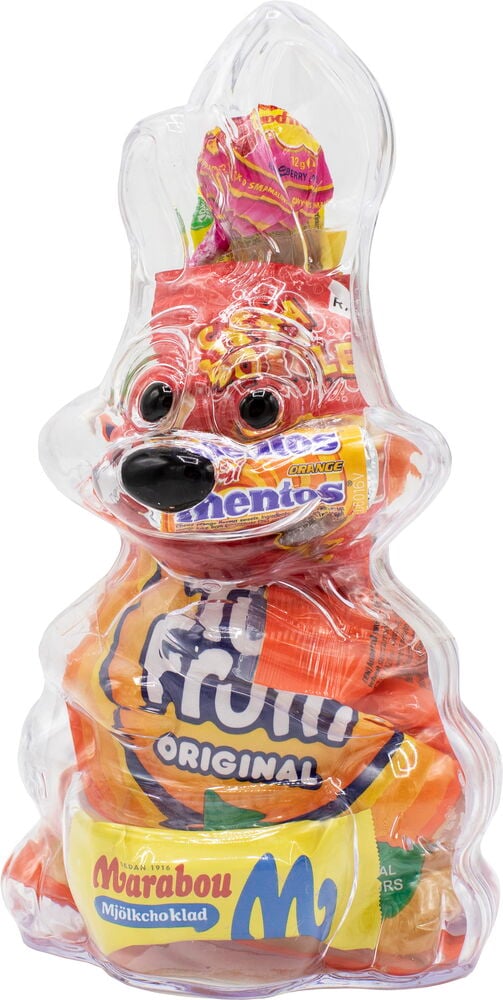 Påskhare Hultén 256 g genomskinlig plastbehållare fylld med Mentos Orange, Frutt Original, Marabou Mjölkchoklad och blandat godis.