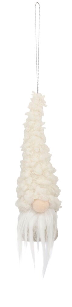 Ein cremefarbener, flauschiger Weihnachtswichtel Vidar 19 cm mit pfirsichfarbener Nase, weißem Bart und Silberkette.