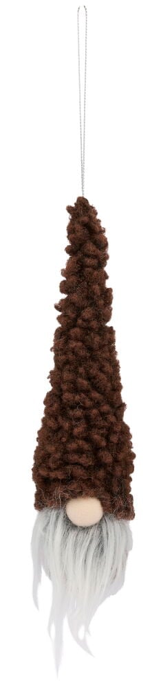 Weihnachtswichtel Vidar 19 cm mit brauner texturierter Mütze, beiger Nase, weißem Bart und silberner Aufhängeschlaufe.