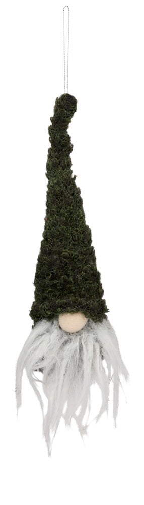 Weihnachtswichtel Vidar 19 cm mit grünem texturiertem Hut, weißem Bart und beiger Nase, mit silberner Aufhängeschlaufe.