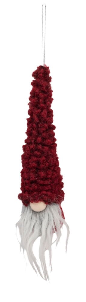 Hängender Weihnachtswichtel Vidar 19 cm, mit strukturierter roter Mütze, beiger Nase und zotteligem grauen Bart.