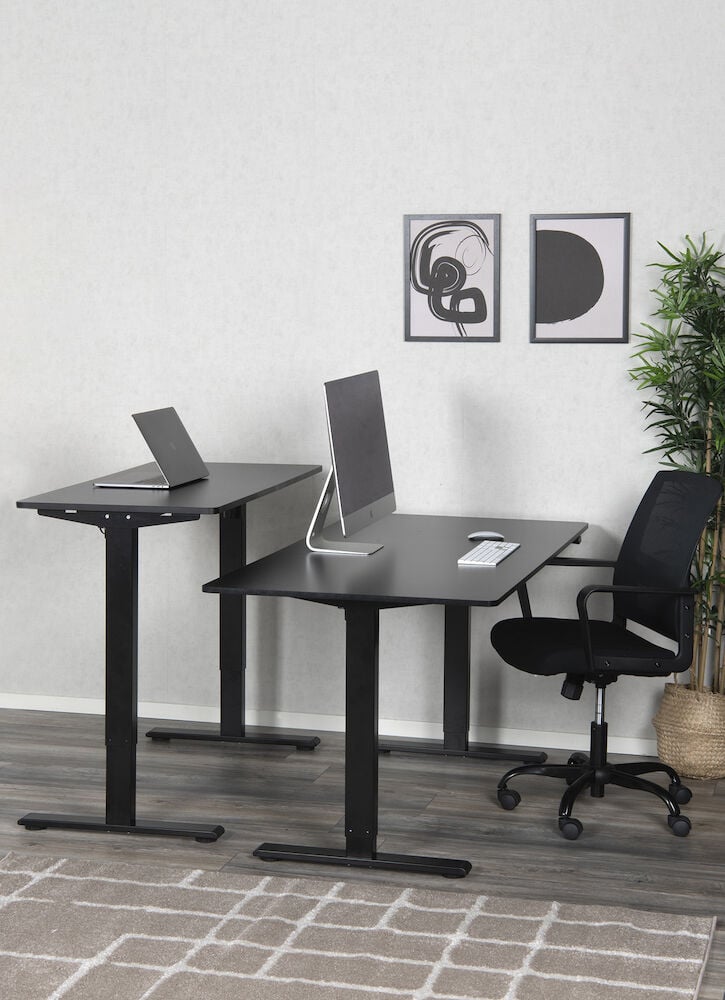 Zwei schwarze, höhenverstellbare Schreibtische mit Computern.