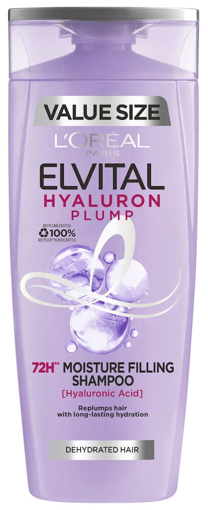 Lila schampoflaska med texten Elvital Hyaluron Plump.