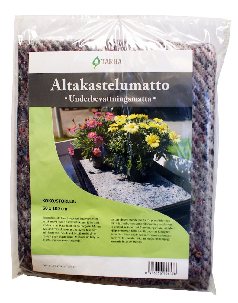 Harmaa kastelumatto muovipakkauksessa, jossa on etiketti.