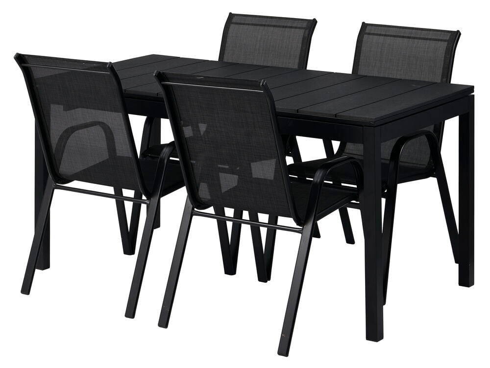 Musta jatkettava pöytä, jossa neljä yhteensopivaa tuolia.