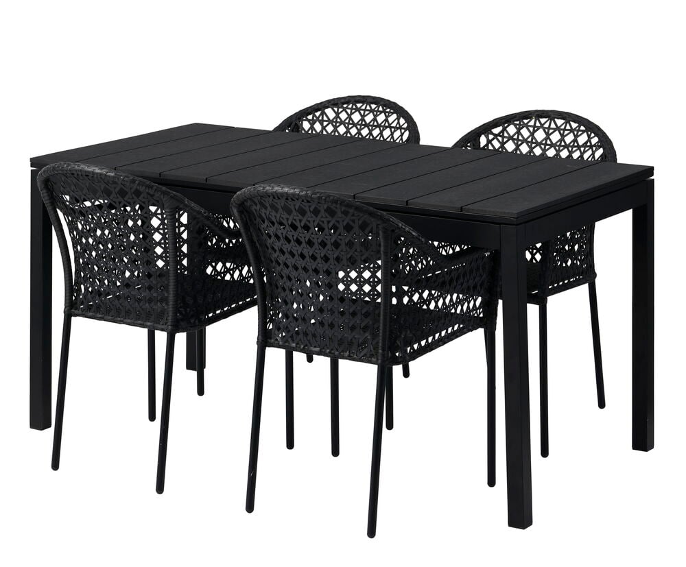 Musta ulosvedettävä ruokapöytä neljällä tuolilla ulkokäyttöön.