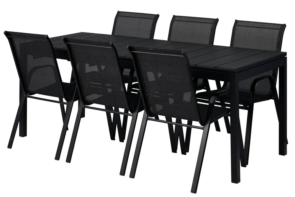 Musta laajennettava ulkopöytä, jossa on kuusi yhteensopivaa tuolia.